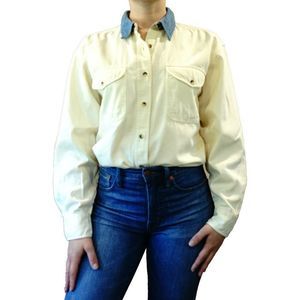 Vintage Women’s Small Crest Clothing Cream Denim Western Button Down Shirt